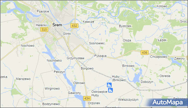 mapa Pysząca gmina Śrem, Pysząca gmina Śrem na mapie Targeo