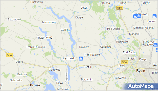 mapa Rakowo gmina Rypin, Rakowo gmina Rypin na mapie Targeo