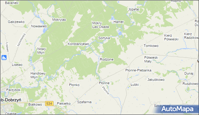 mapa Rodzone gmina Radomin, Rodzone gmina Radomin na mapie Targeo