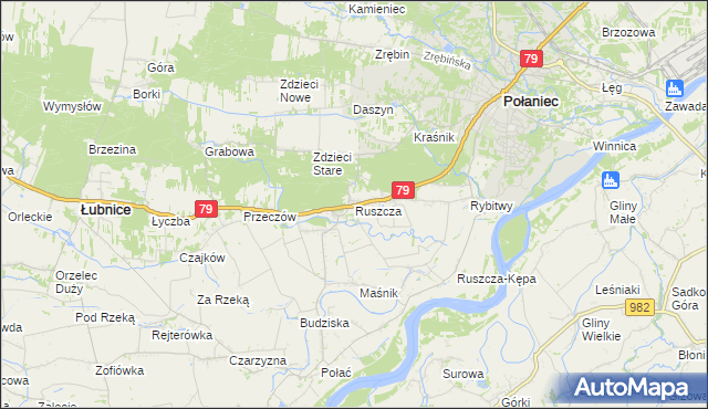 mapa Ruszcza gmina Połaniec, Ruszcza gmina Połaniec na mapie Targeo