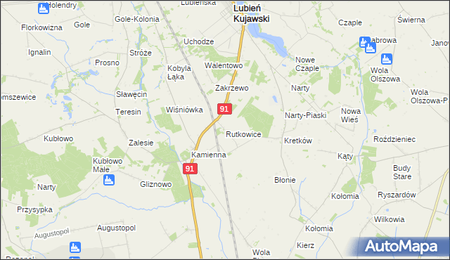 mapa Rutkowice gmina Lubień Kujawski, Rutkowice gmina Lubień Kujawski na mapie Targeo