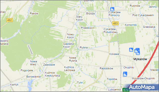 mapa Rybna gmina Mykanów, Rybna gmina Mykanów na mapie Targeo