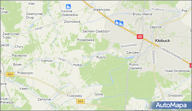 mapa Rybno gmina Kłobuck, Rybno gmina Kłobuck na mapie Targeo