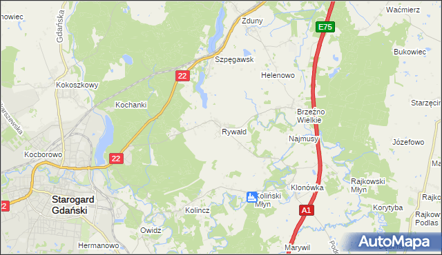 mapa Rywałd gmina Starogard Gdański, Rywałd gmina Starogard Gdański na mapie Targeo