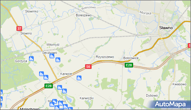 mapa Rzyszczewo gmina Sławno, Rzyszczewo gmina Sławno na mapie Targeo