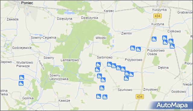 mapa Sarbinowo gmina Poniec, Sarbinowo gmina Poniec na mapie Targeo