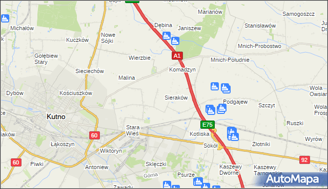 mapa Sieraków gmina Kutno, Sieraków gmina Kutno na mapie Targeo