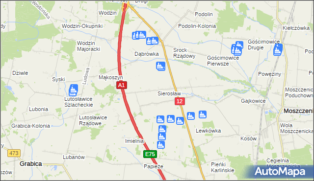 mapa Sierosław gmina Moszczenica, Sierosław gmina Moszczenica na mapie Targeo