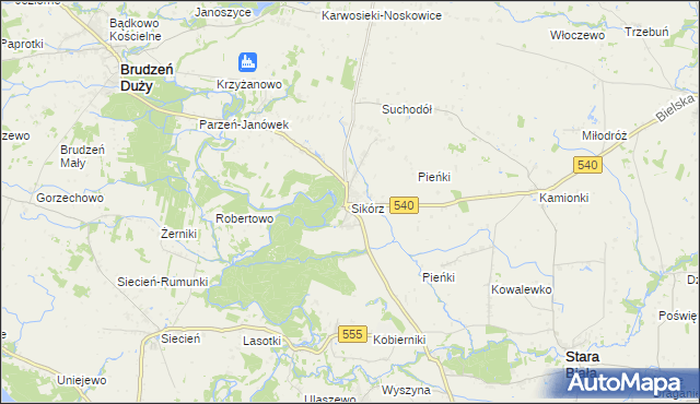 mapa Sikórz gmina Brudzeń Duży, Sikórz gmina Brudzeń Duży na mapie Targeo