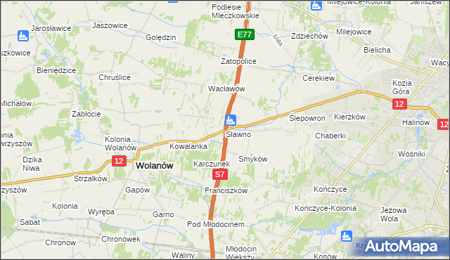 mapa Sławno gmina Wolanów, Sławno gmina Wolanów na mapie Targeo