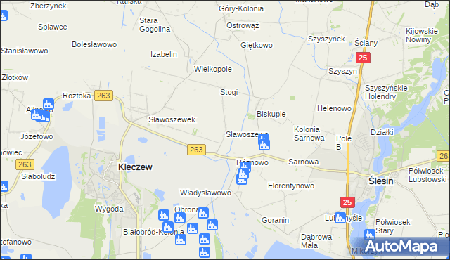 mapa Sławoszewo gmina Kleczew, Sławoszewo gmina Kleczew na mapie Targeo