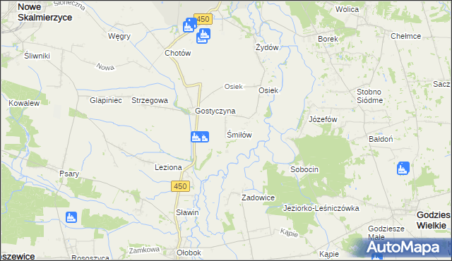 mapa Śmiłów gmina Nowe Skalmierzyce, Śmiłów gmina Nowe Skalmierzyce na mapie Targeo