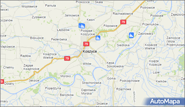 mapa Sokołowice gmina Koszyce, Sokołowice gmina Koszyce na mapie Targeo