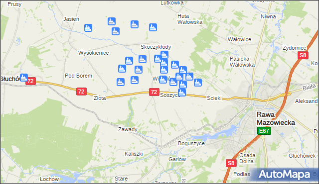 mapa Soszyce gmina Rawa Mazowiecka, Soszyce gmina Rawa Mazowiecka na mapie Targeo