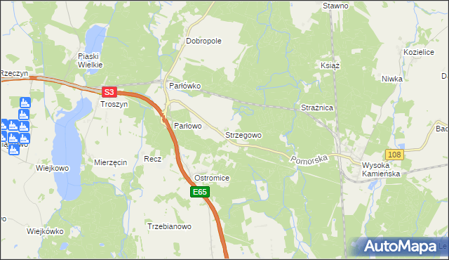 mapa Strzegowo gmina Wolin, Strzegowo gmina Wolin na mapie Targeo