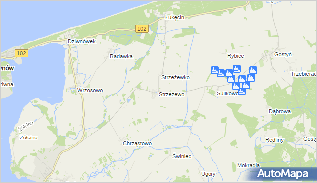 mapa Strzeżewo gmina Kamień Pomorski, Strzeżewo gmina Kamień Pomorski na mapie Targeo