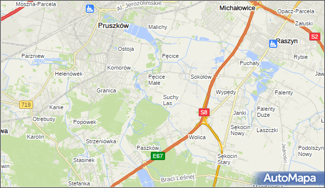 mapa Suchy Las gmina Michałowice, Suchy Las gmina Michałowice na mapie Targeo