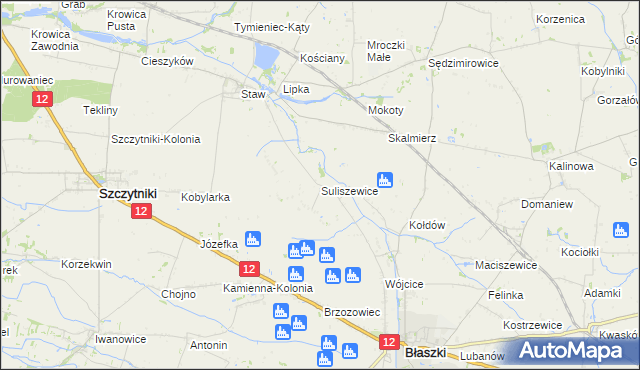 mapa Suliszewice gmina Błaszki, Suliszewice gmina Błaszki na mapie Targeo