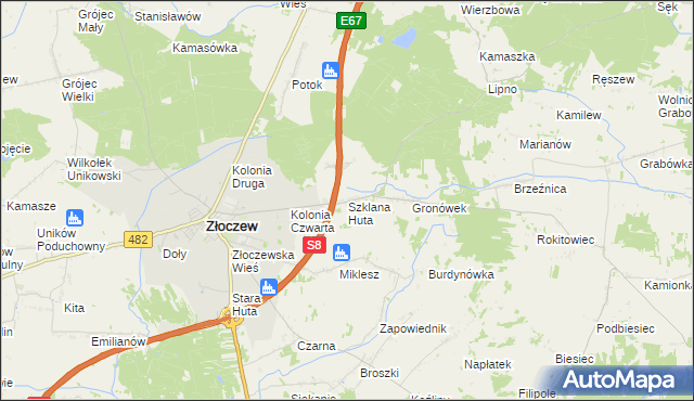 mapa Szklana Huta gmina Złoczew, Szklana Huta gmina Złoczew na mapie Targeo