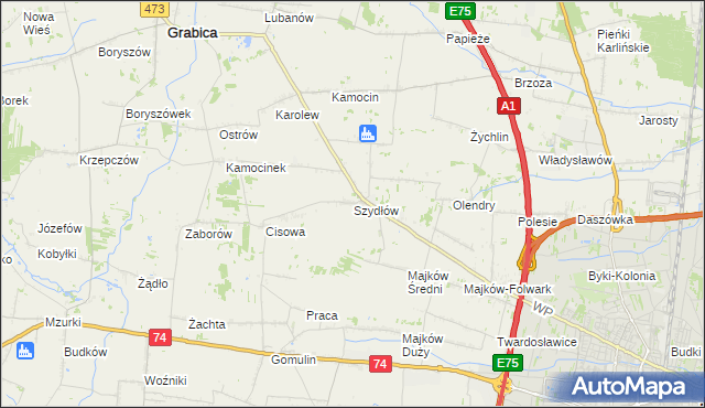 mapa Szydłów gmina Grabica, Szydłów gmina Grabica na mapie Targeo