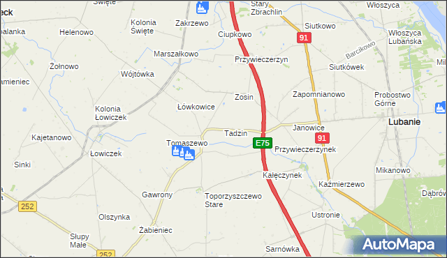 mapa Tadzin gmina Lubanie, Tadzin gmina Lubanie na mapie Targeo