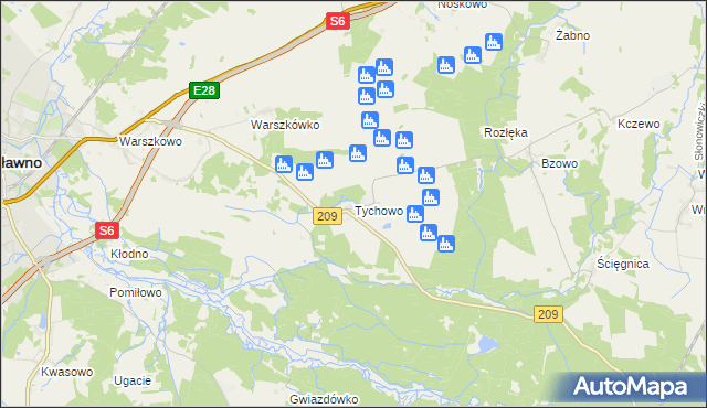 mapa Tychowo gmina Sławno, Tychowo gmina Sławno na mapie Targeo