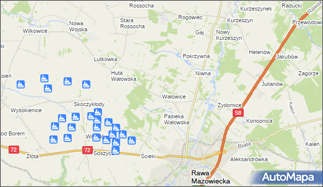 mapa Wałowice gmina Rawa Mazowiecka, Wałowice gmina Rawa Mazowiecka na mapie Targeo