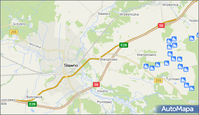 mapa Warszkowo gmina Sławno, Warszkowo gmina Sławno na mapie Targeo