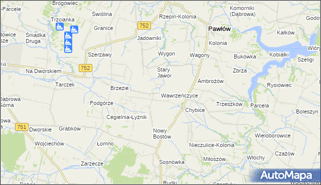 mapa Wawrzeńczyce gmina Pawłów, Wawrzeńczyce gmina Pawłów na mapie Targeo