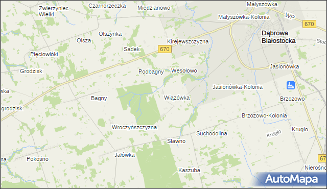 mapa Wiązówka gmina Dąbrowa Białostocka, Wiązówka gmina Dąbrowa Białostocka na mapie Targeo