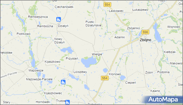 mapa Wielgie gmina Zbójno, Wielgie gmina Zbójno na mapie Targeo
