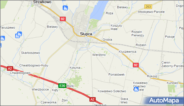 mapa Wierzbno gmina Słupca, Wierzbno gmina Słupca na mapie Targeo