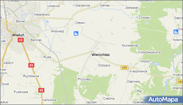 mapa Wierzchlas powiat wieluński, Wierzchlas powiat wieluński na mapie Targeo