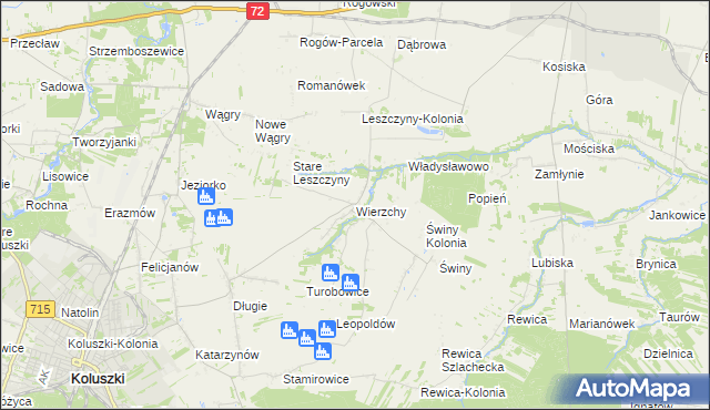 mapa Wierzchy gmina Koluszki, Wierzchy gmina Koluszki na mapie Targeo