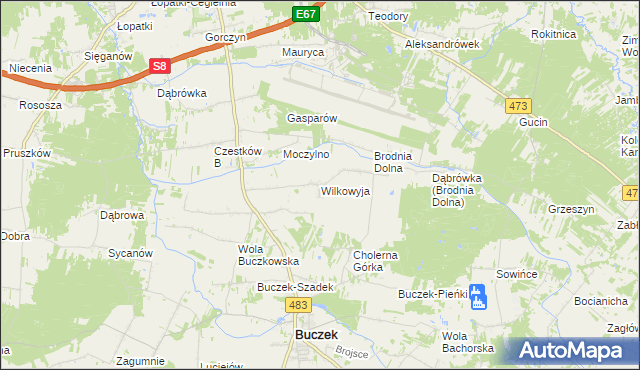 mapa Wilkowyja gmina Buczek, Wilkowyja gmina Buczek na mapie Targeo