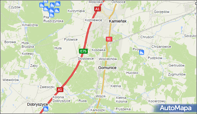 mapa Wojciechów gmina Gomunice, Wojciechów gmina Gomunice na mapie Targeo