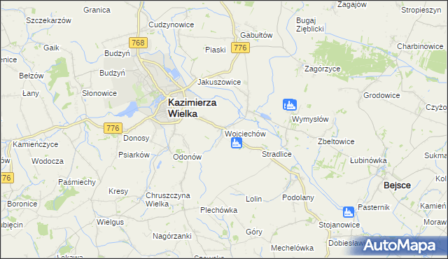 mapa Wojciechów gmina Kazimierza Wielka, Wojciechów gmina Kazimierza Wielka na mapie Targeo