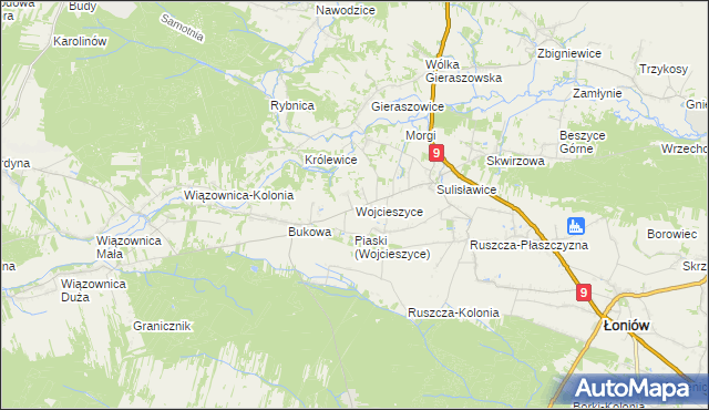 mapa Wojcieszyce gmina Łoniów, Wojcieszyce gmina Łoniów na mapie Targeo