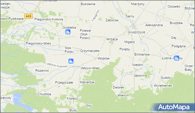 mapa Wojków gmina Błaszki, Wojków gmina Błaszki na mapie Targeo