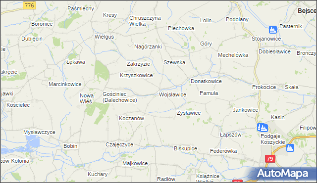 mapa Wojsławice gmina Kazimierza Wielka, Wojsławice gmina Kazimierza Wielka na mapie Targeo