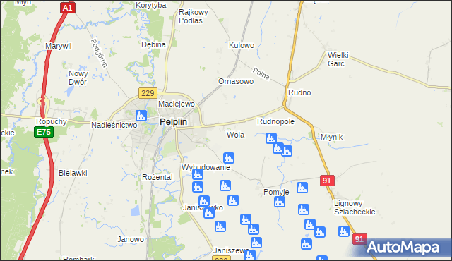 mapa Wola gmina Pelplin, Wola gmina Pelplin na mapie Targeo