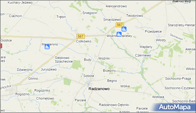 mapa Woźniki gmina Radzanowo, Woźniki gmina Radzanowo na mapie Targeo