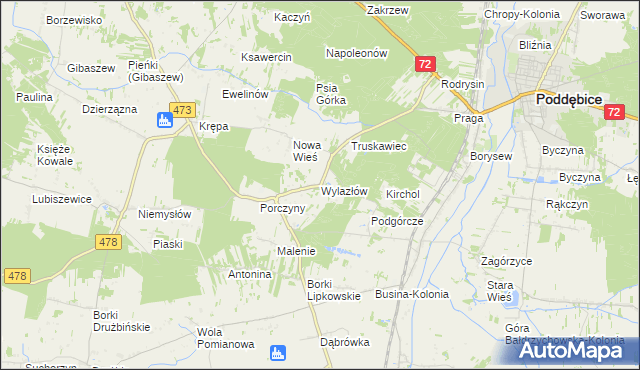 mapa Wylazłów gmina Poddębice, Wylazłów gmina Poddębice na mapie Targeo