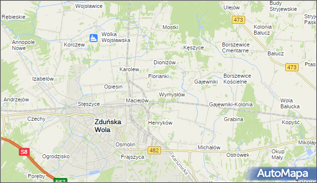mapa Wymysłów gmina Zduńska Wola, Wymysłów gmina Zduńska Wola na mapie Targeo