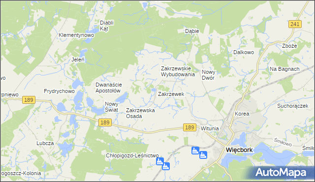 mapa Zakrzewek gmina Więcbork, Zakrzewek gmina Więcbork na mapie Targeo