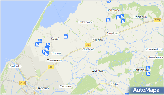 mapa Zakrzewo gmina Darłowo, Zakrzewo gmina Darłowo na mapie Targeo