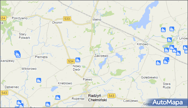mapa Zakrzewo gmina Radzyń Chełmiński, Zakrzewo gmina Radzyń Chełmiński na mapie Targeo