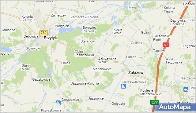 mapa Zakrzewska Wola gmina Zakrzew, Zakrzewska Wola gmina Zakrzew na mapie Targeo