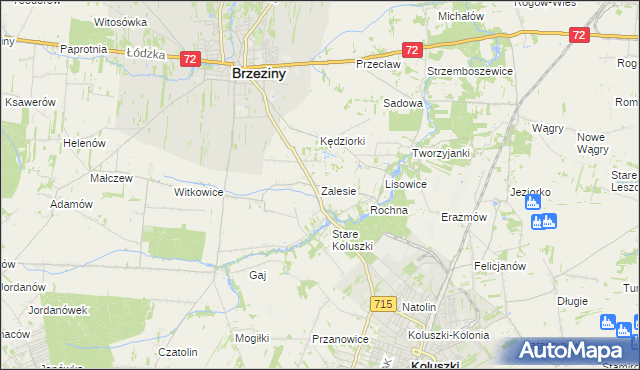 mapa Zalesie gmina Brzeziny, Zalesie gmina Brzeziny na mapie Targeo