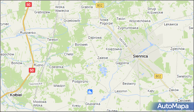 mapa Zalesie gmina Siennica, Zalesie gmina Siennica na mapie Targeo